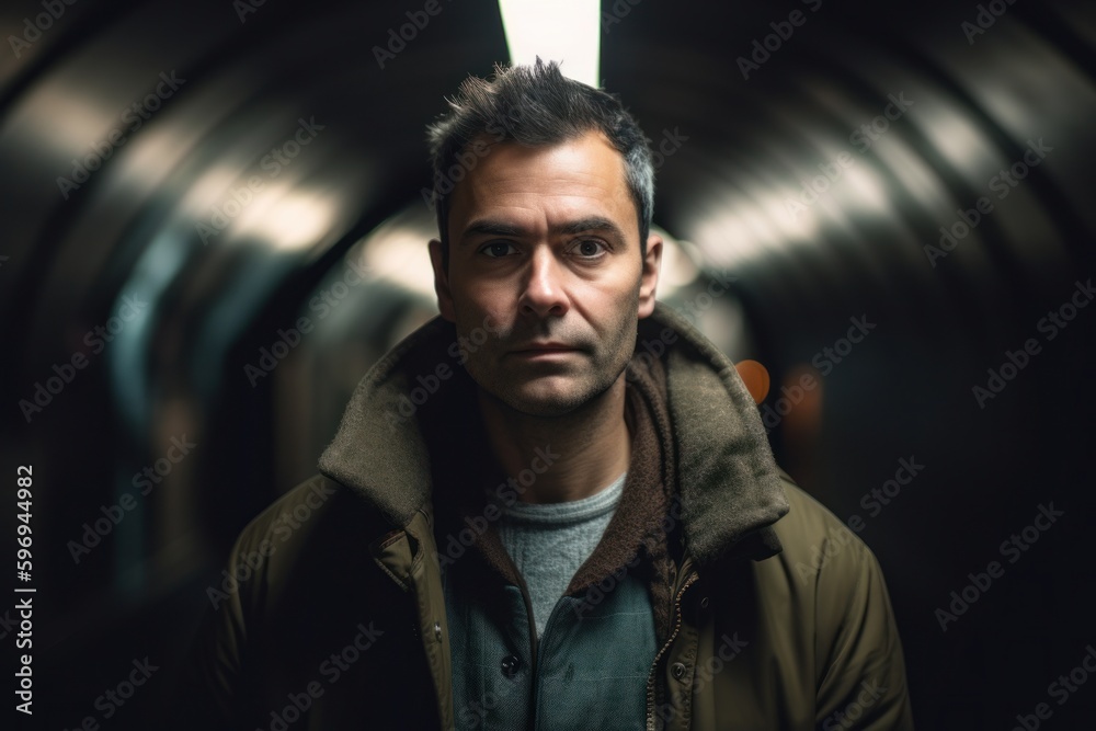 Portrait of a young man in a subway tunnel, looking at the camera. Portrait of a young man in a subway tunnel, looking at the camera.