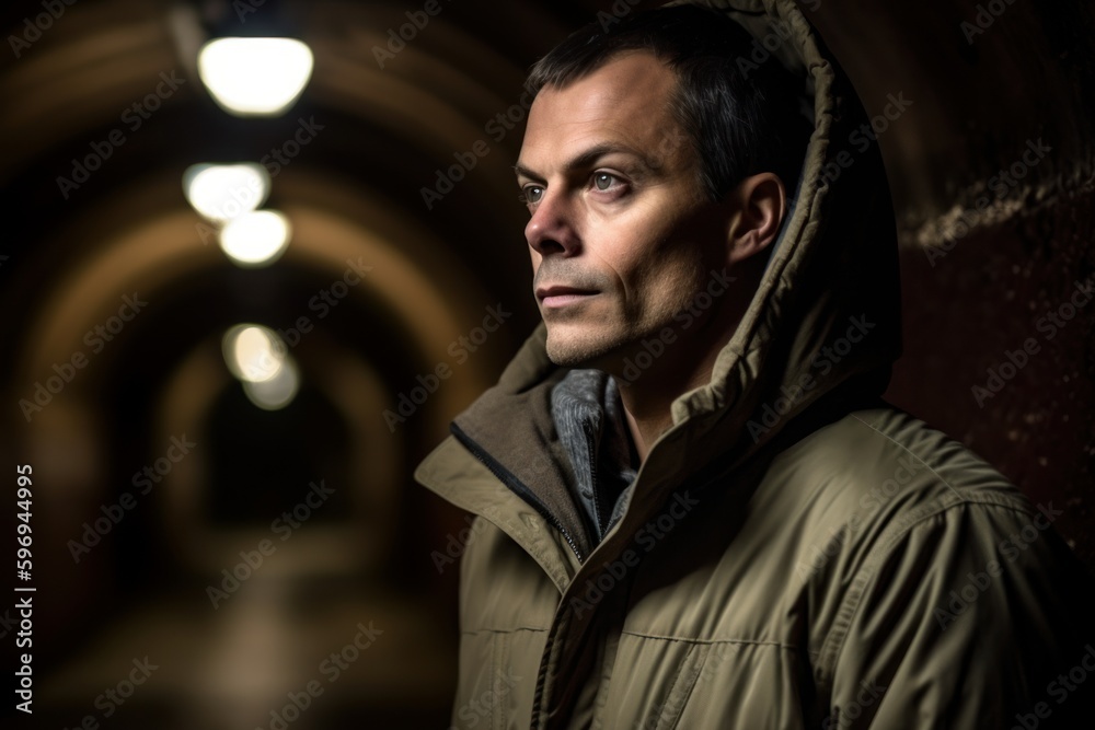 Portrait of a handsome man in a tunnel at night, looking away Portrait of a handsome man in a tunnel at night, looking away
