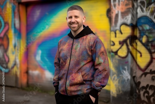 Portrait of a young man in a hoodie in front of a graffiti wall