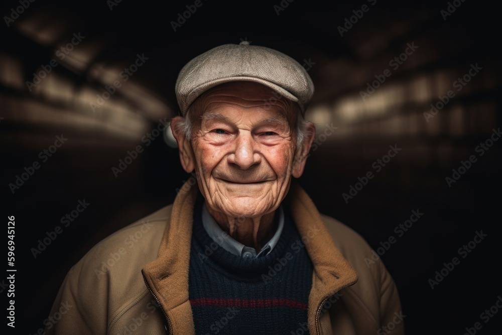 Portrait of an old man in a tunnel on a dark background