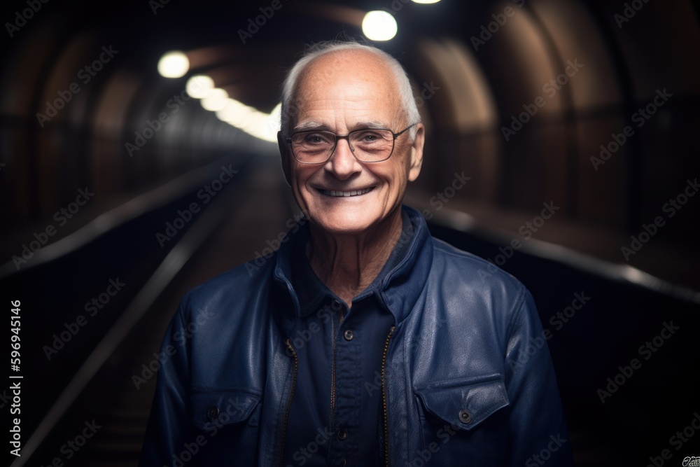 Portrait of a smiling senior man standing in a tunnel at night Portrait of a smiling senior man standing in a tunnel at night