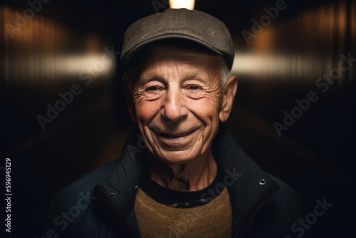 Portrait of an elderly man with a cap in a dark tunnel