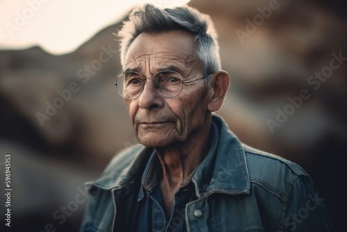 Portrait of senior man with eyeglasses and jeans jacket outdoors