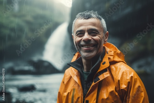 Medium shot portrait photography of a grinning man in his 40s wearing a vibrant raincoat against a river or waterfall background. Generative AI