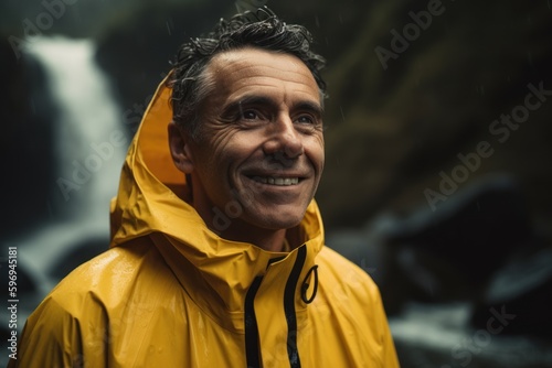 Portrait of smiling man in raincoat looking at camera against waterfall