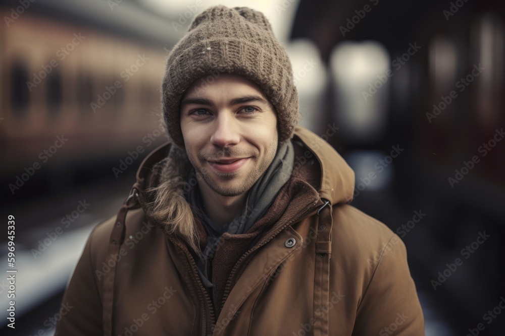Portrait of a handsome young man at the train station in winter Portrait of a handsome young man at the train station in winter