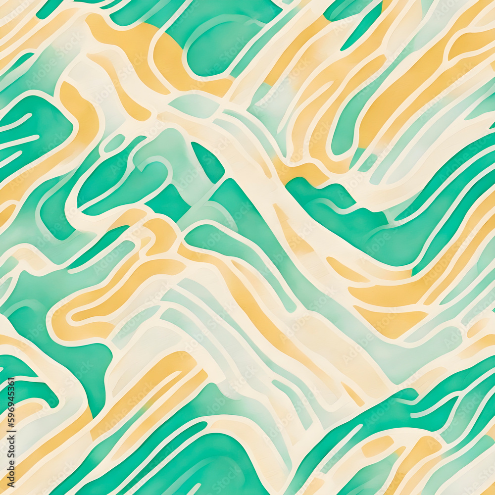 seamless background watercolor lines and waves, camouflage green colors , minimalist tiling art , Generative AI