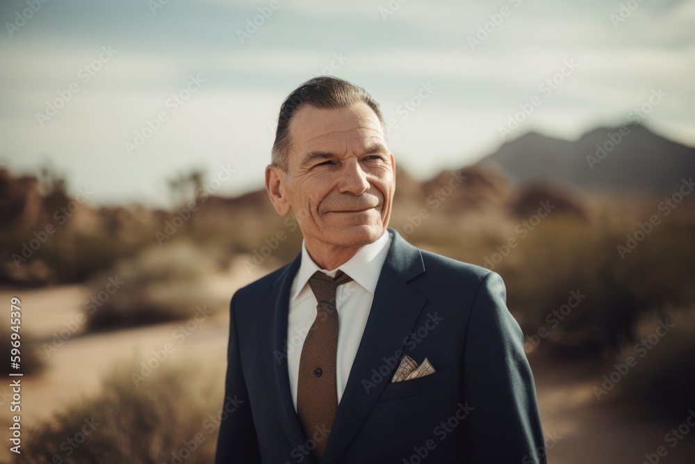 Portrait of a smiling senior businessman standing outdoors in the desert. Portrait of a smiling senior businessman standing outdoors in the desert.