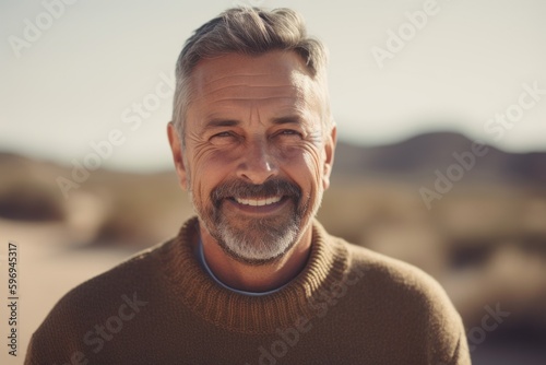 Portrait of smiling mature man in sweater at beach during sunny day