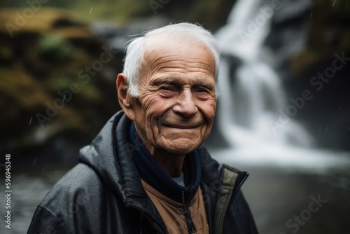 Portrait of an elderly man with a waterfall in the background.