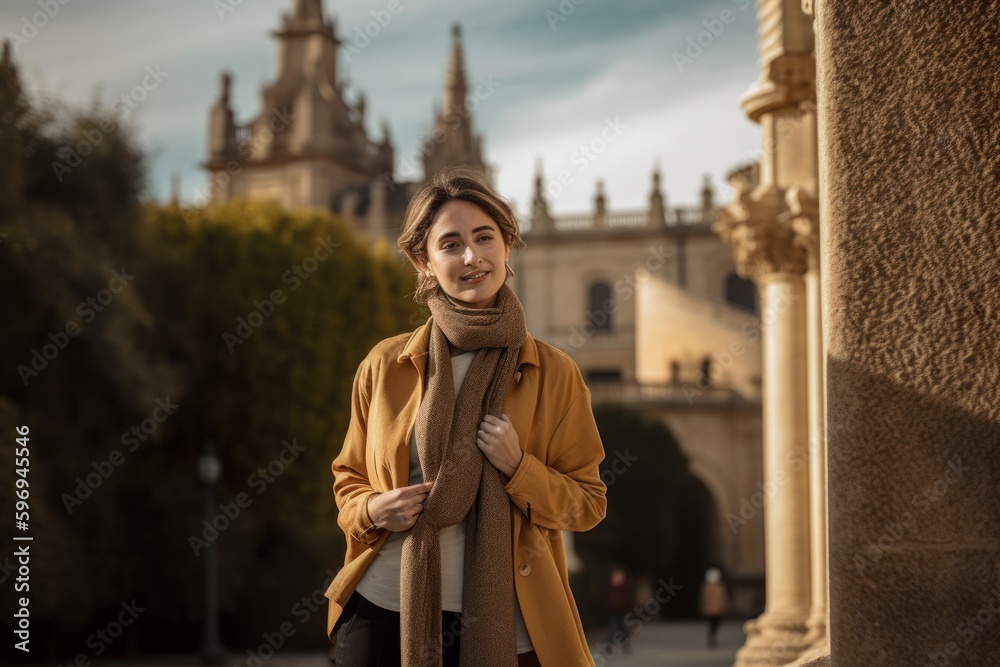 Portrait of a beautiful young woman in coat and scarf in the city