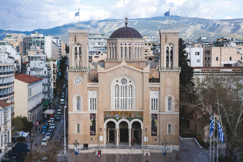 Metropolitan Cathedral of of the Annunciation, Metropolis, Mitropoli facade exterior view, Attica, Athens, Grece, in a summer sunny day with a blue sky, the cathedral church of the Archbishopric