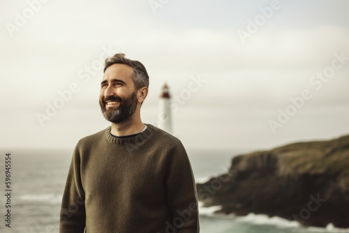Portrait of handsome bearded man standing in front of the lighthouse on the coast