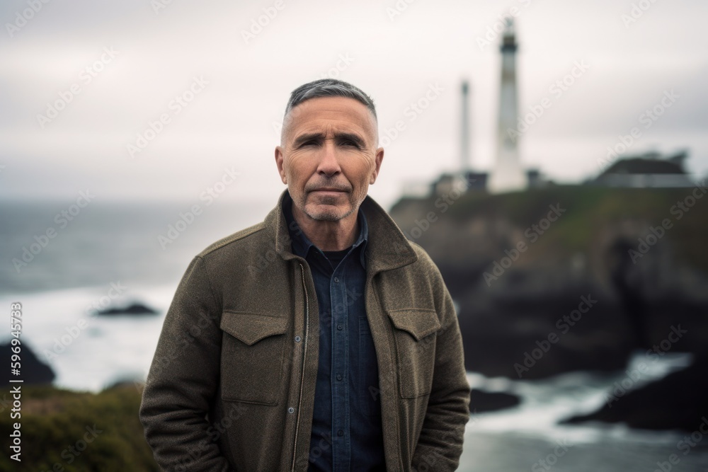 Portrait of a handsome mature man standing in front of a lighthouse Portrait of a handsome mature man standing in front of a lighthouse
