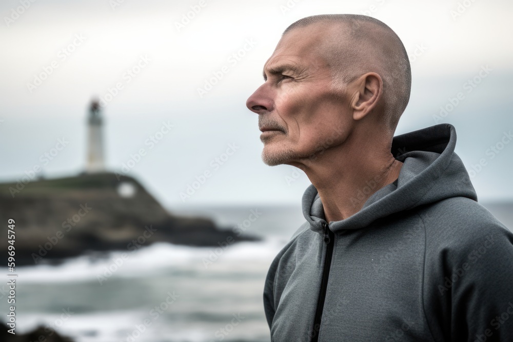 Portrait of a middle aged man standing by a lighthouse on the north coast of Scotland Portrait of a middle aged man standing by a lighthouse on the north coast of Scotland