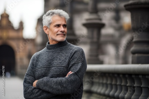 Portrait of a handsome senior man with gray hair in the city