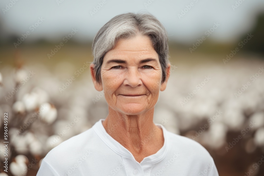 Portrait of senior woman standing in cotton field at springtime. Portrait of senior woman standing in cotton field at springtime.