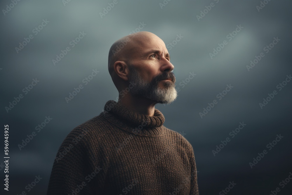 Portrait of a bald man in a sweater on the background of a stormy sky