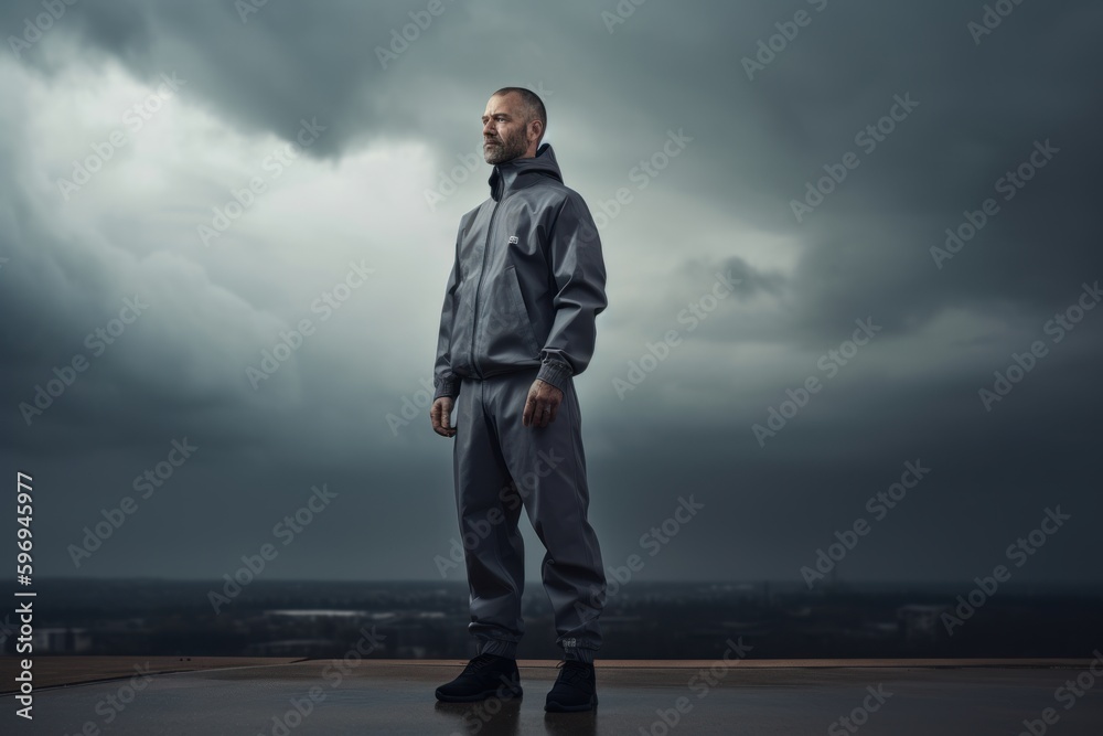 Man in raincoat standing on roof with stormy sky on background Man in raincoat standing on roof with stormy sky on background
