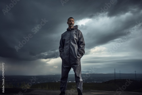 Man in raincoat standing on top of hill and looking at camera