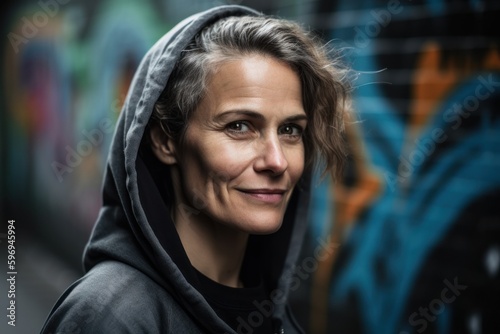 Portrait of a middle-aged woman in a hood against a graffiti wall