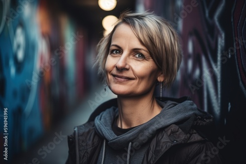 Portrait of a middle-aged woman with short hair in an urban context