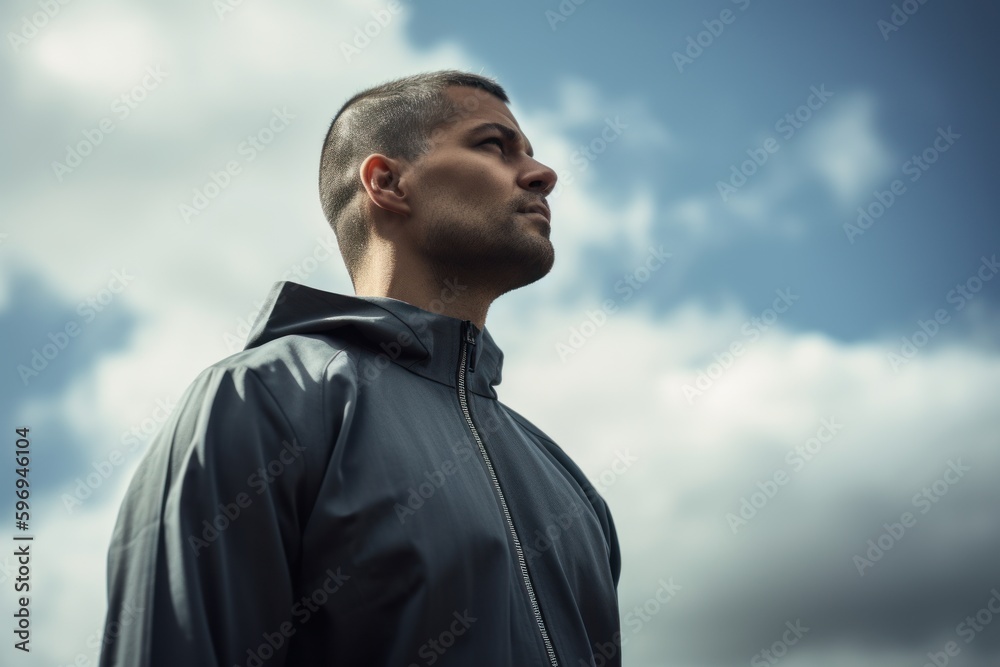 Portrait of a handsome young man in a black jacket against the sky