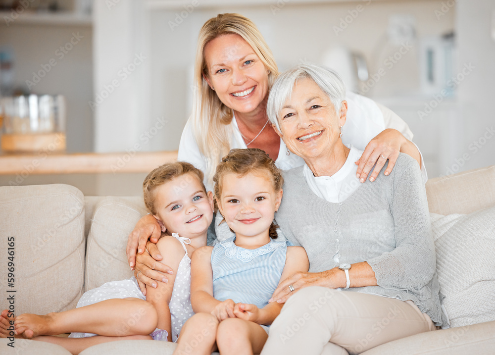 Theres lots of love to go around. Shot of two little girls spending time with their mother and grandmother at home.