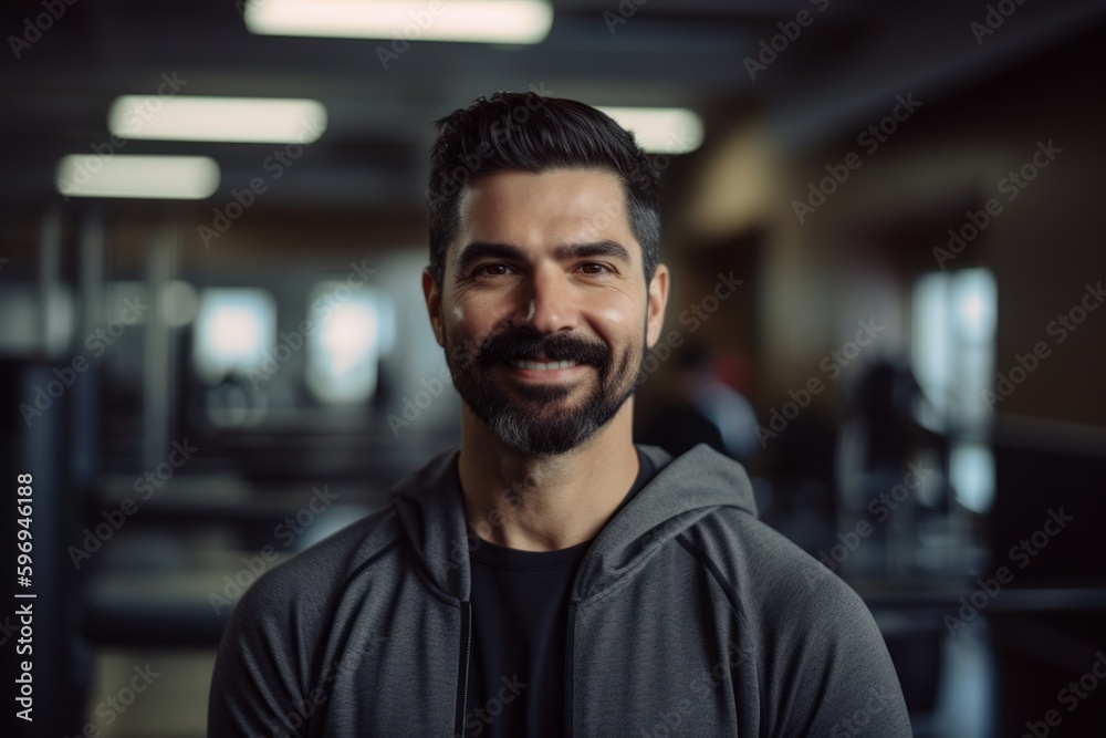 Portrait of handsome man in sportswear smiling at camera in gym Portrait of handsome man in sportswear smiling at camera in gym