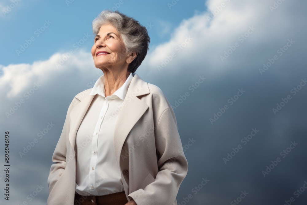 smiling senior woman in beige coat looking away on sky background