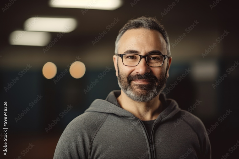 Portrait of a middle-aged man with a beard and glasses standing in a gym Portrait of a middle-aged man with a beard and glasses standing in a gym