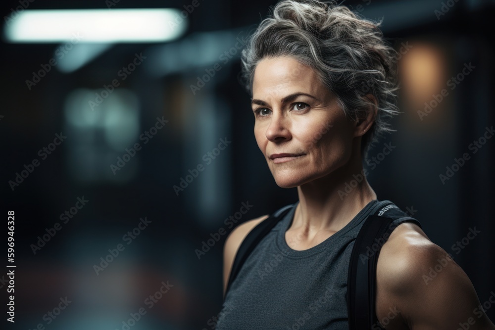 Portrait of a middle aged woman standing in a gym and looking at the camera