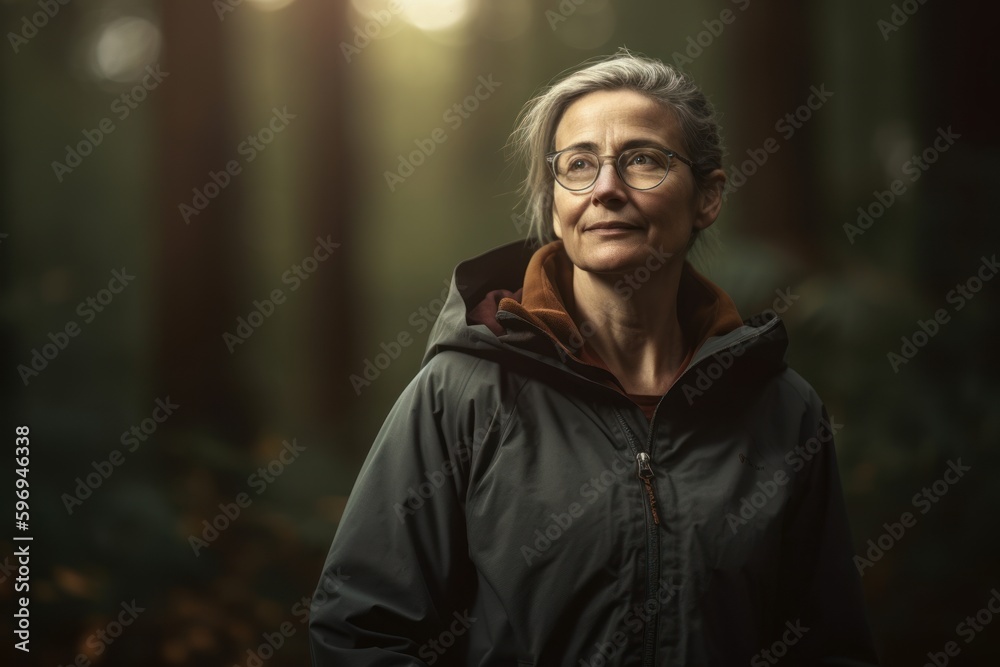 Portrait of an elderly woman in a dark jacket in the forest