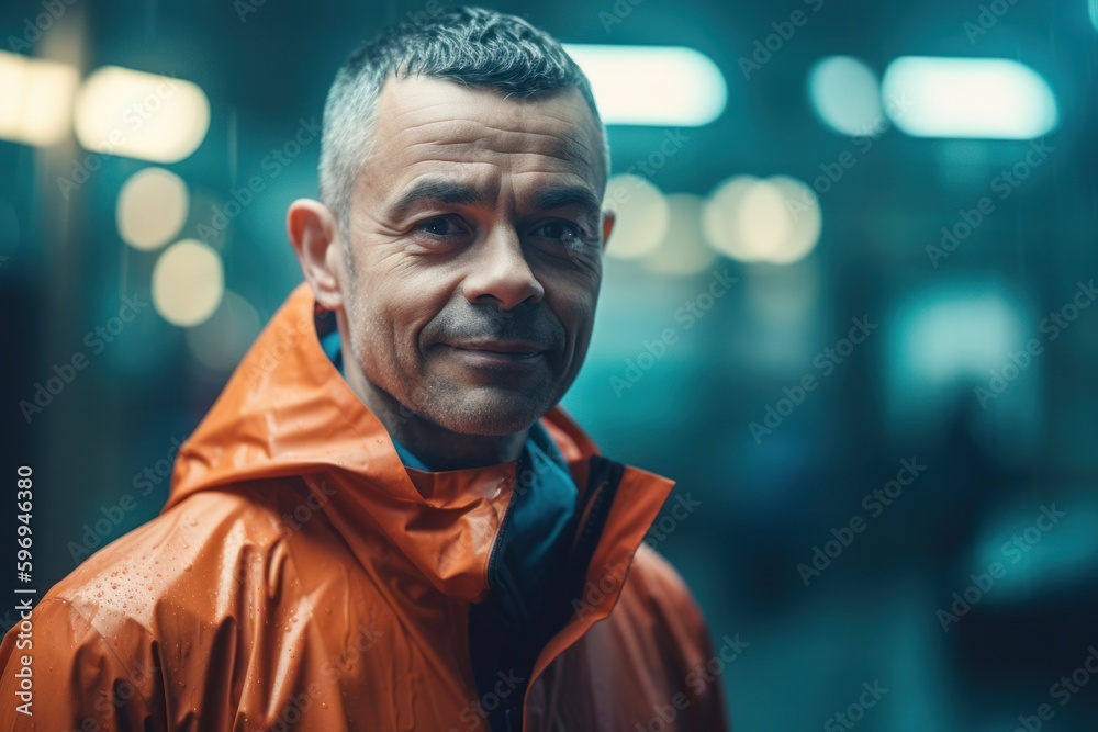 Portrait of a mature man in an orange raincoat standing in the city.