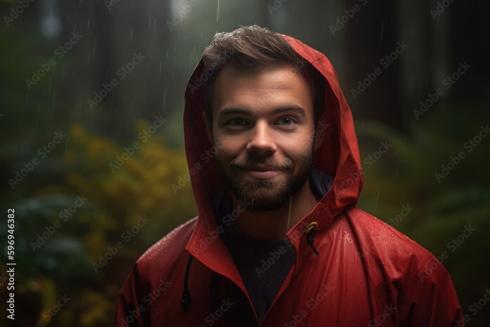 Portrait of a young man in raincoat standing in the rain. Portrait of a young man in raincoat standing in the rain.