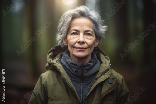 Portrait of a senior woman in the forest. Selective focus.