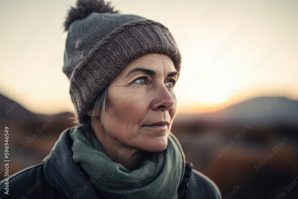 Portrait of a beautiful senior woman in winter hat and scarf at sunset Portrait of a beautiful senior woman in winter hat and scarf at sunset