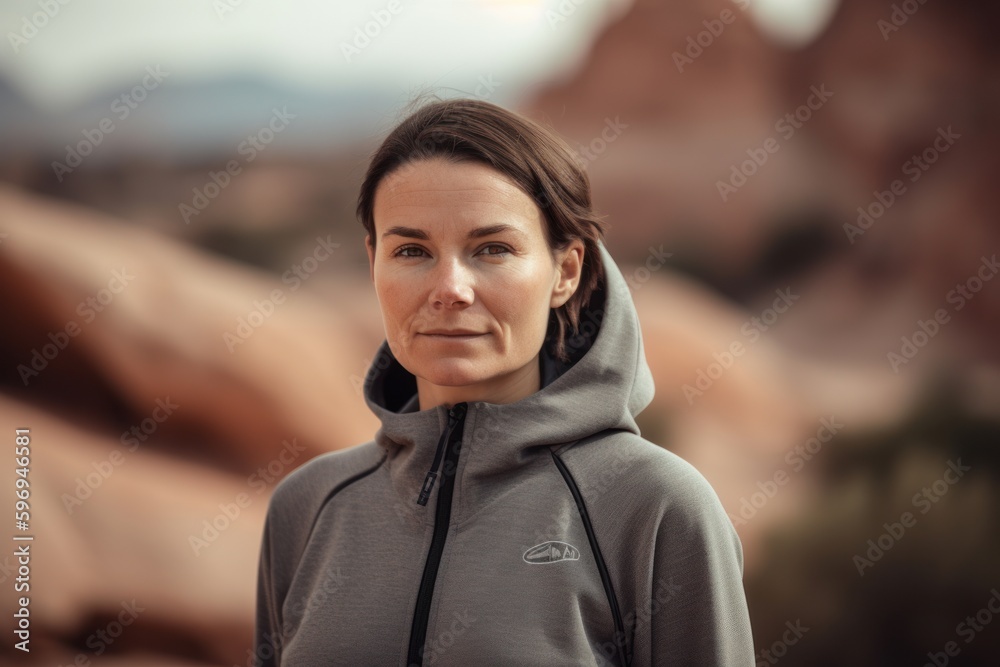 Portrait of a woman wearing hooded sweatshirt in the desert