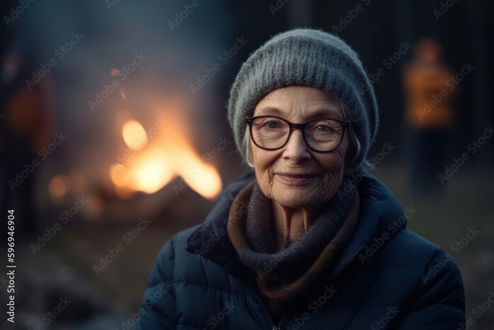 Portrait of an elderly woman in front of a campfire. Portrait of an elderly woman in front of a campfire.