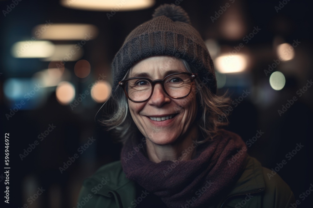 Portrait of smiling woman with eyeglasses looking at camera in cafe Portrait of smiling woman with eyeglasses looking at camera in cafe
