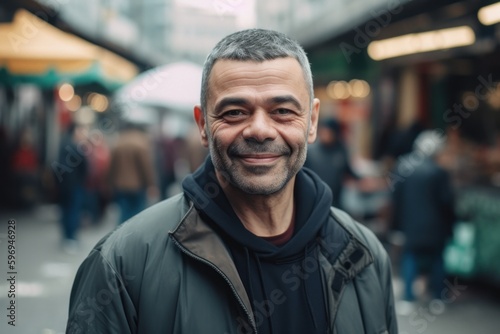 Medium shot portrait photography of a satisfied man in his 40s wearing a comfortable tracksuit against a bustling market or street scene background. Generative AI © Eber Braun