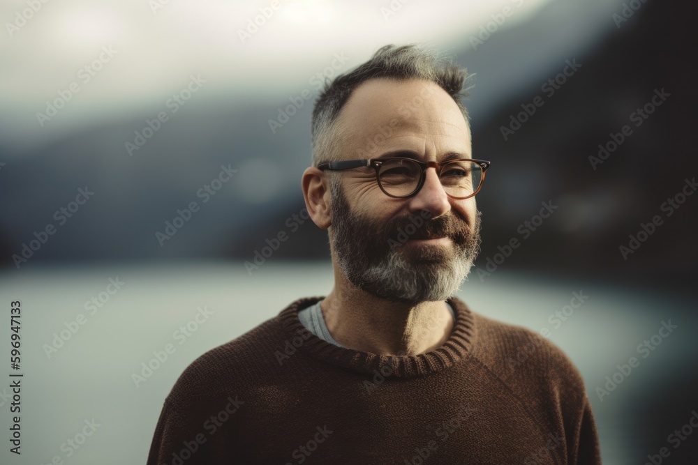 Fototapeta premium Portrait of a bearded man with glasses on a background of mountains