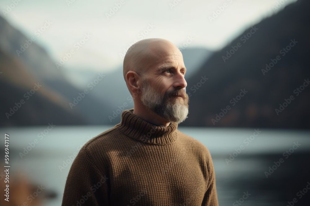 Portrait of a senior man with a gray beard in a brown sweater on the background of a mountain lake.