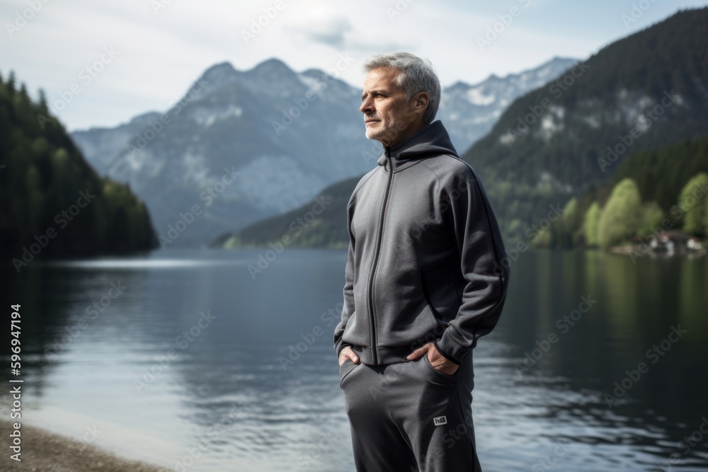 Fototapeta premium Portrait of a senior man standing on the shore of a lake.