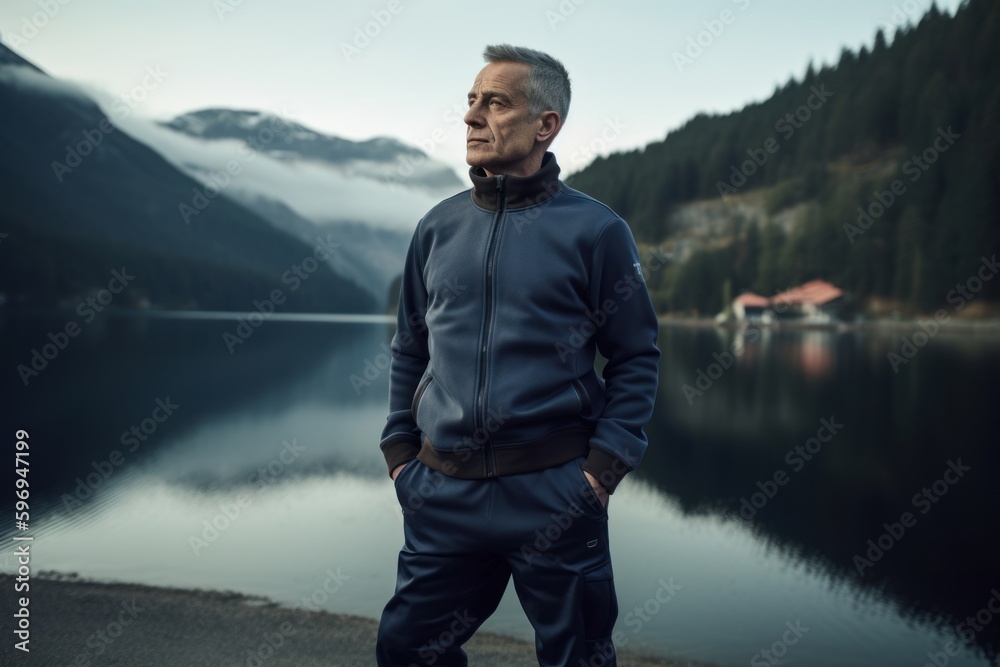 Handsome middle-aged man standing on the bank of a mountain lake