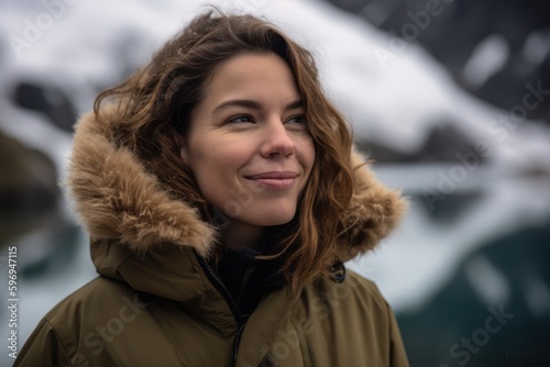 Portrait of a beautiful young woman in a warm jacket in the mountains