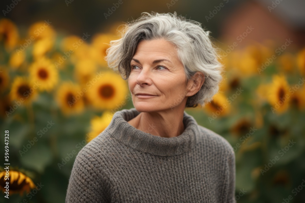 Lifestyle portrait photography of a satisfied woman in her 50s wearing a cozy sweater against a sunflower field or vibrant landscape background. Generative AI Lifestyle portrait photography of a satisfied woman in her 50s wearing a cozy sweater against a sunflower field or vibrant landscape background. Generative AI