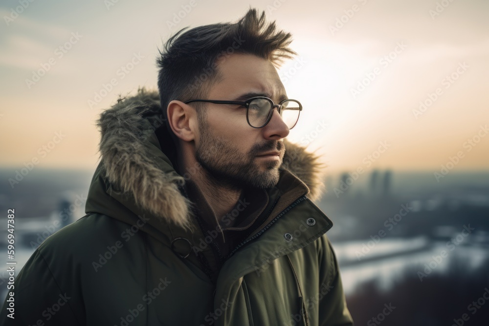 Portrait of a handsome young man in glasses and a warm jacket Portrait of a handsome young man in glasses and a warm jacket