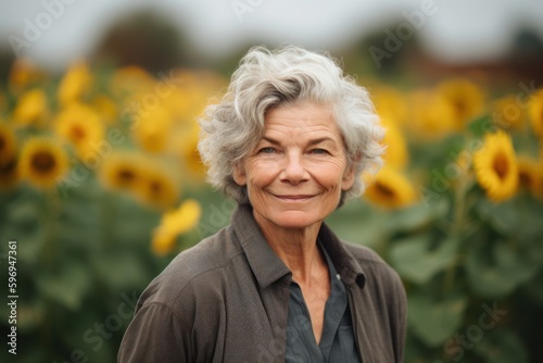 Medium shot portrait photography of a grinning woman in her 50s wearing a smart pair of trousers against a sunflower field or vibrant landscape background. Generative AI © Leon Waltz
