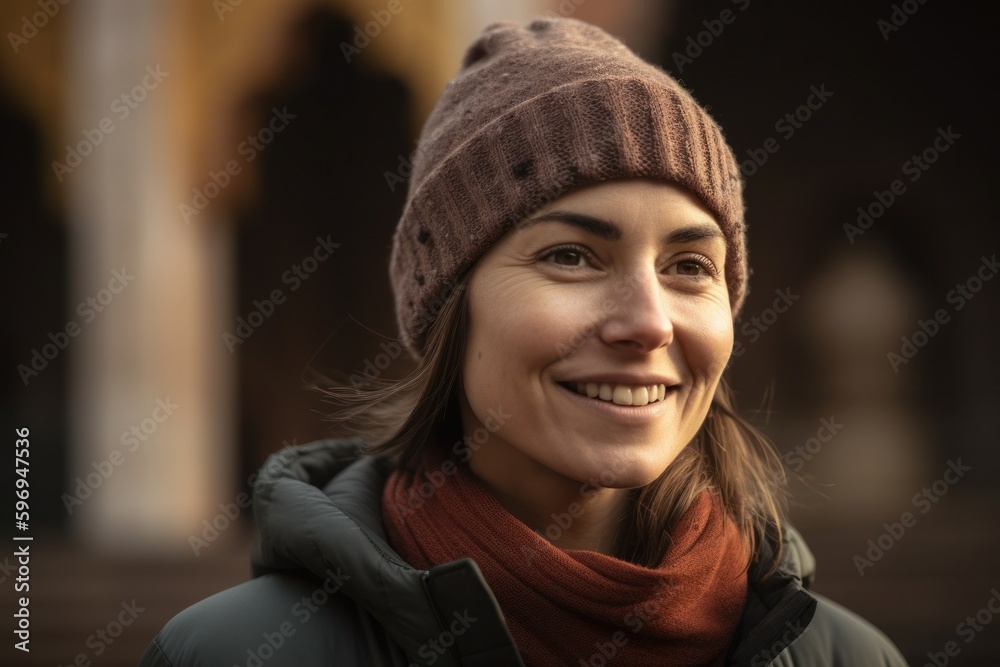 Portrait of a smiling young woman in a hat and scarf outdoors